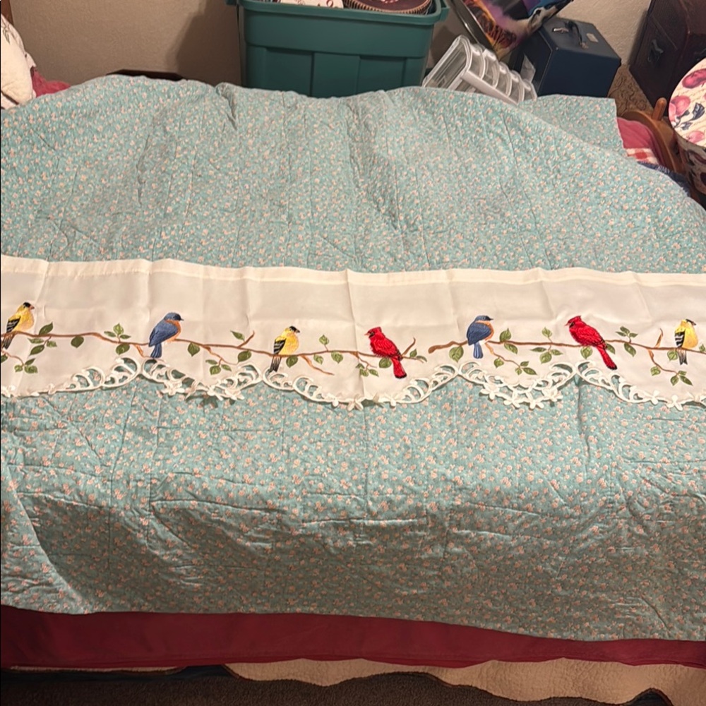 Curtain Valance Topper with Bird Motifs Red and Blue New